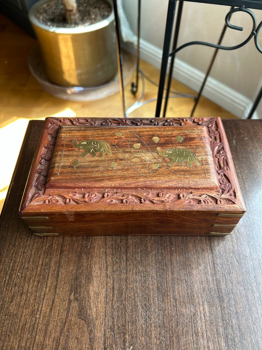 Vintage Wooden Trinket Box with 3 Inlaid Brass Elephants
